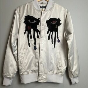 White Satin Bomber Jacket with Black Drip Eye Appliqué